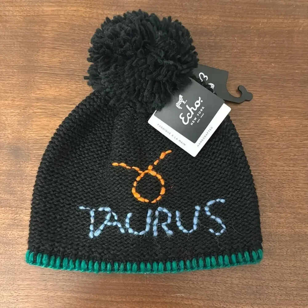 New Echo Wool Blend Taurus Zodiac Pom Pom Beanie Black Colorful Ski Retro